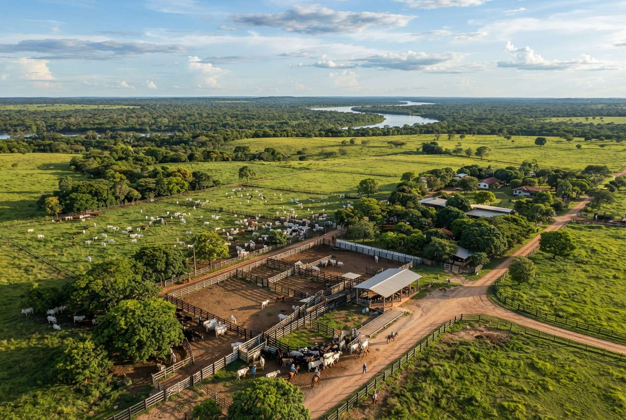 Vista aérea da Fazenda Guadalupe: pastagens, currais e o rio Araguaia ao fundo